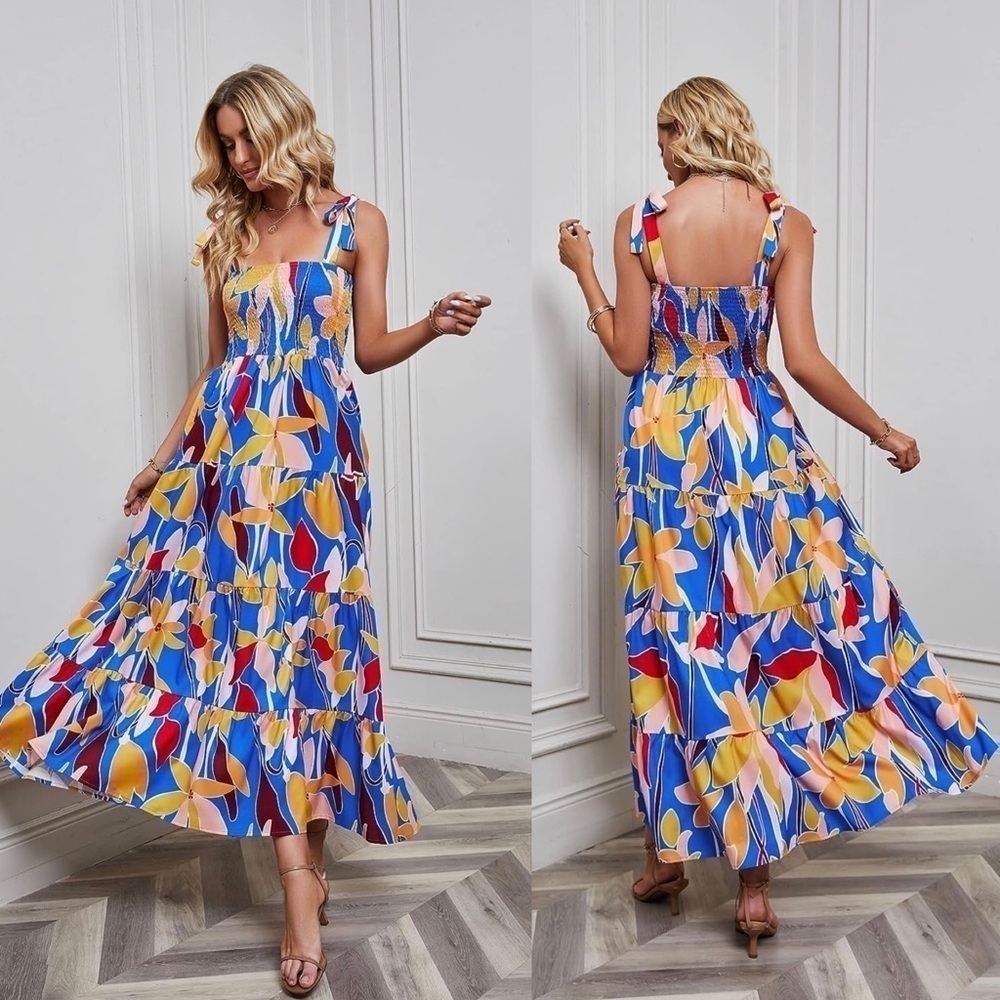 Floral Ruffle Maxi Dress With Tie Straps